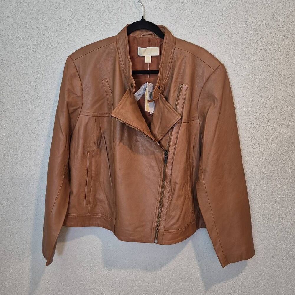 Michael Kors Women's Plus 2X Brown Leather Moto Jacket